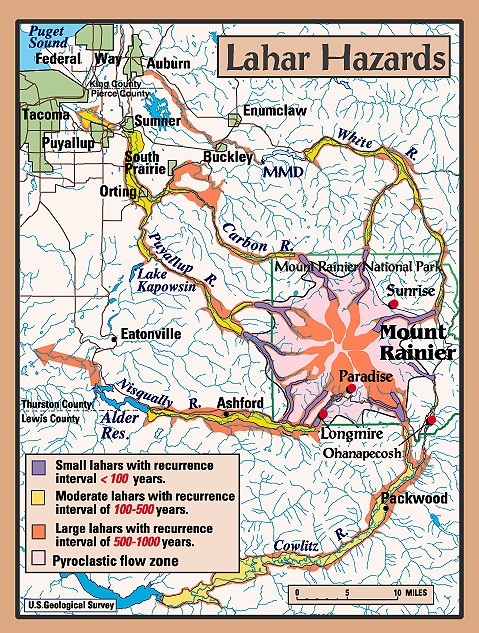 Hazard map for pyroclastic flow and lahar activity near Mount Rainier