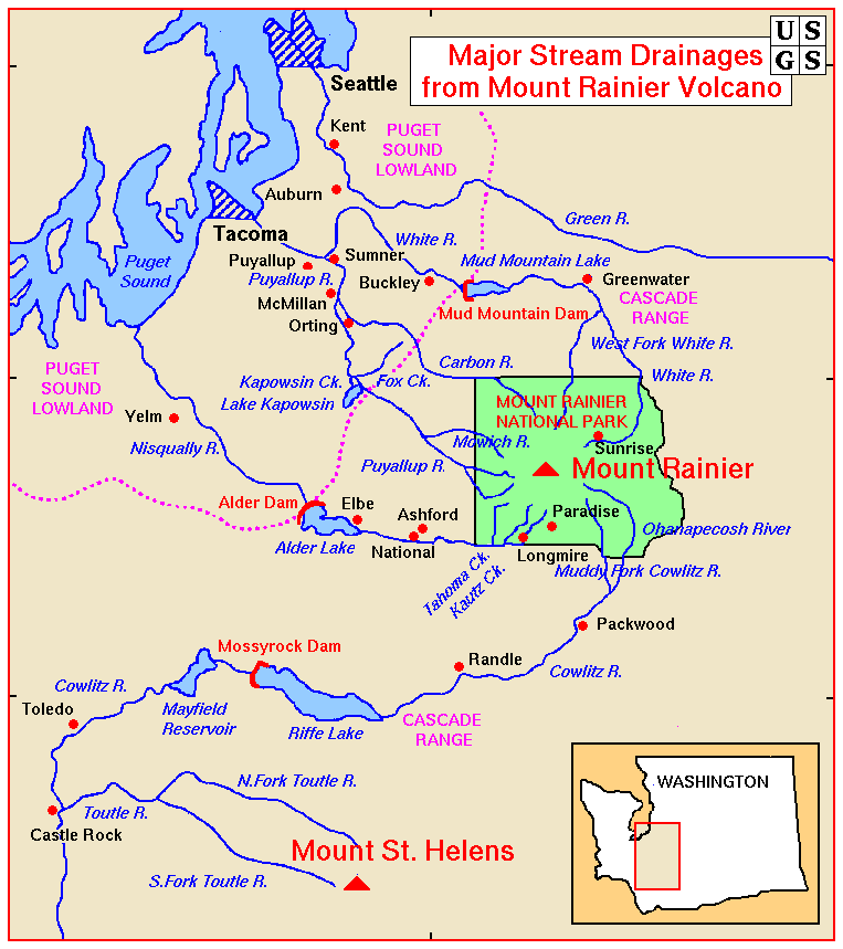 Map of Major Stream Drainages from Mount Rainier
